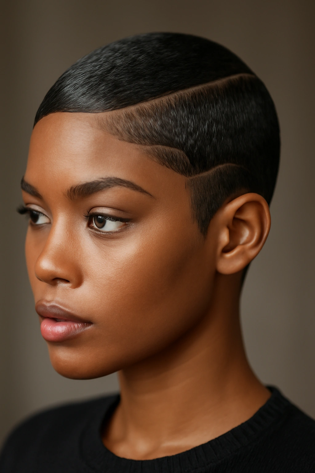 Portrait of a person with a sleek pixie cut featuring carved edge details along the sides