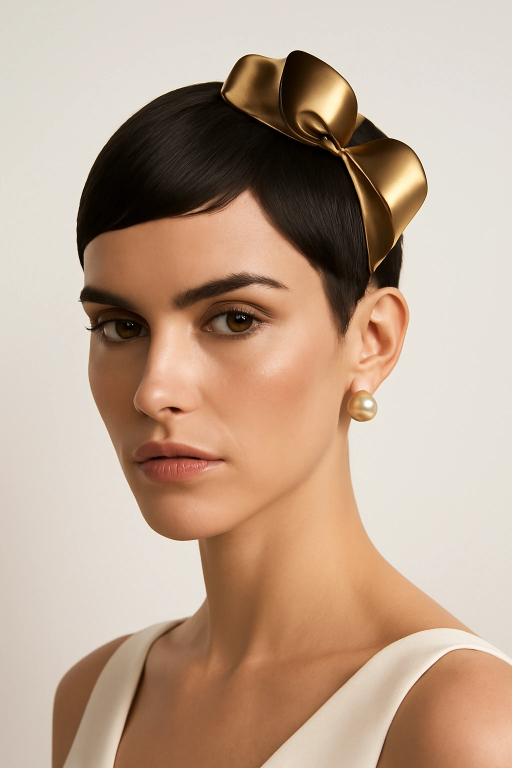 Close-up of a sleek geometric pixie with a bold hair accessory on top