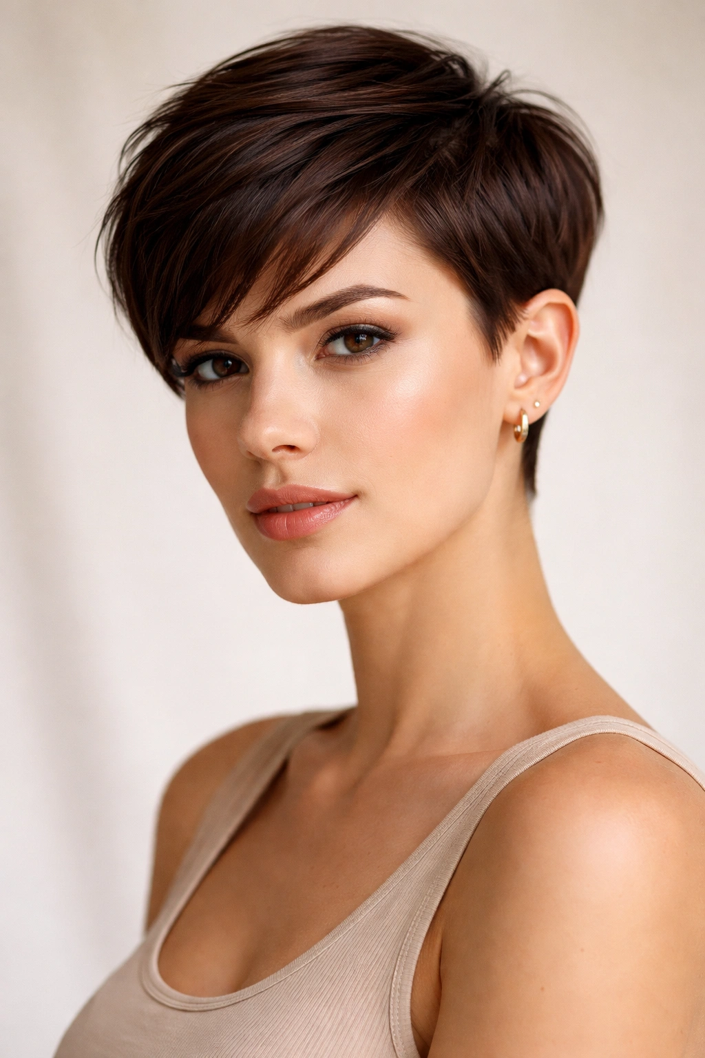 Close-up portrait of a sleek pixie haircut with longer textured top on a neutral background
