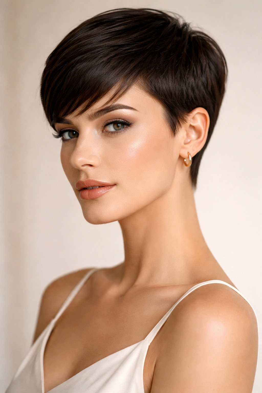 Close-up of a sleek pixie hairstyle with clean lines