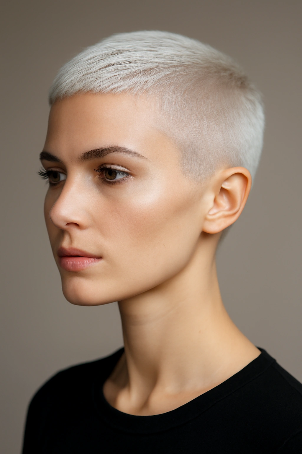 Sleek pixie cut with platinum blonde color in a studio portrait
