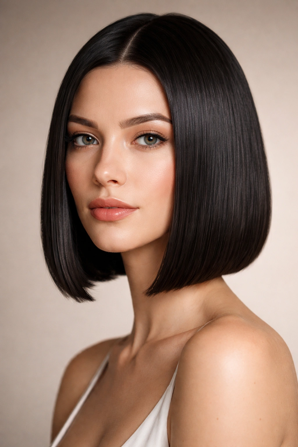 Sleek chin-length bob on an elongated face with high shine