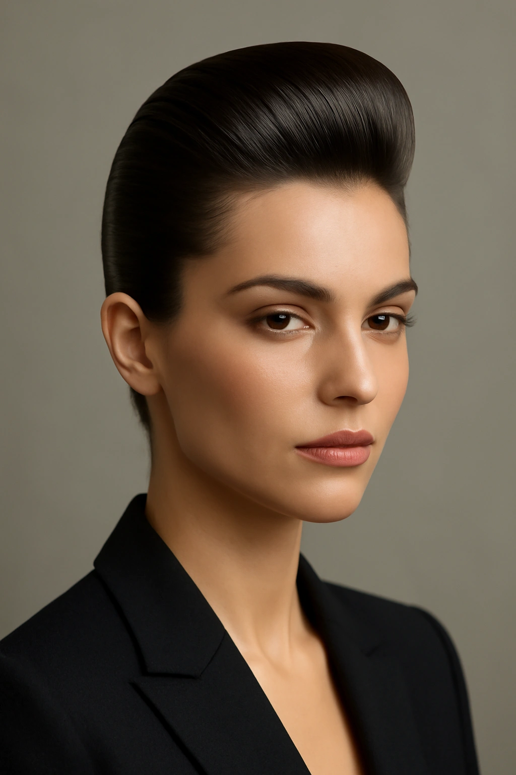 Close-up of a sleek, polished pompadour with wet-look shine.
