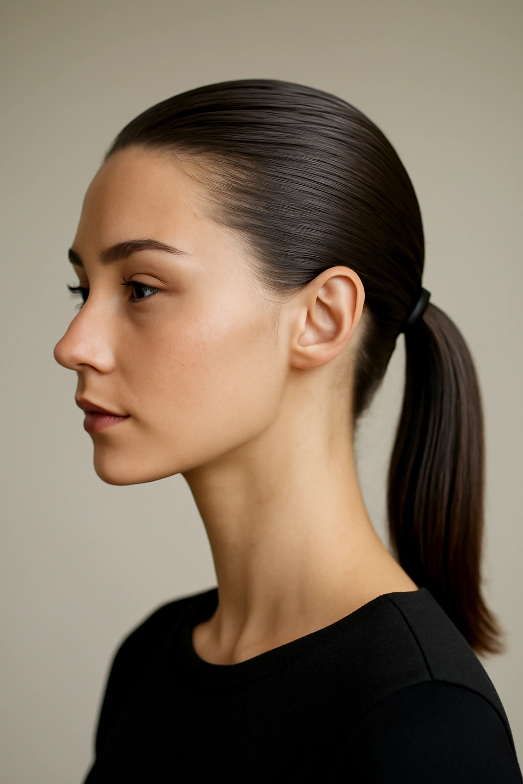 Sleek glossy slicked-back ponytail on short-haired model