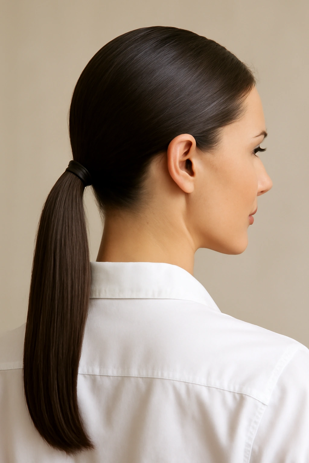 Close-up of a sleek low ponytail at the nape with a crisp button-down shirt