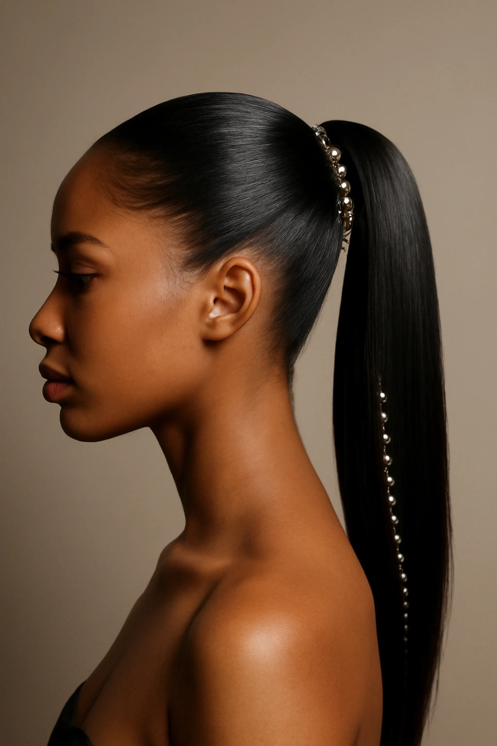 Sleek Ponytail with Embellishments hairstyle with glossy ponytail and decorative accents