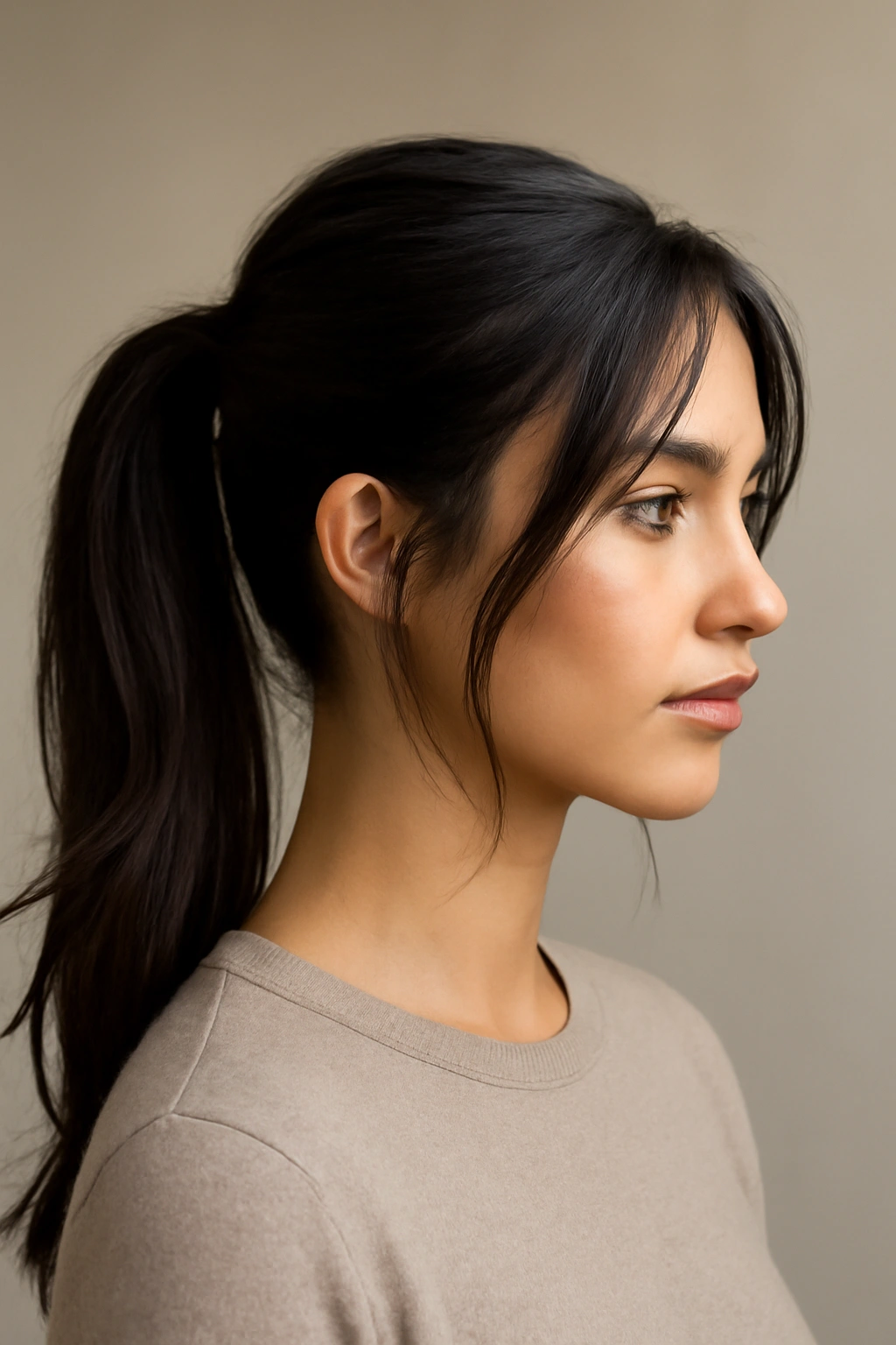 Close-up of a person with a sleek high ponytail and face-framing layers, glossy smooth hair