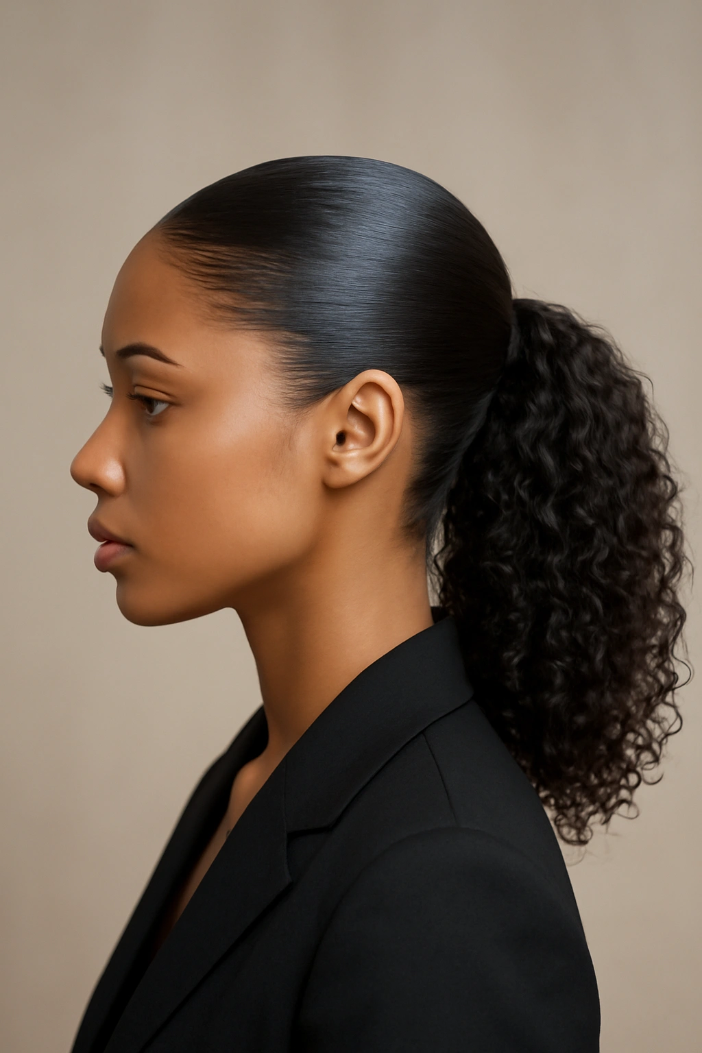 Side view of a sleek gel ponytail with smooth hair at the crown