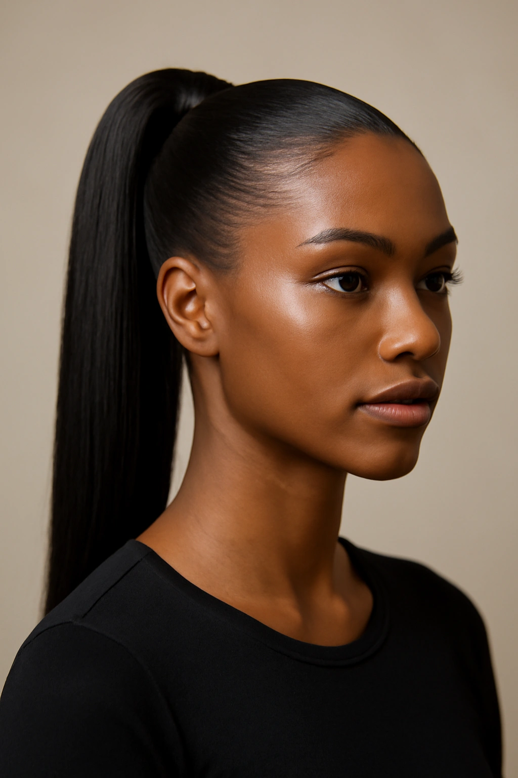 Sleek ponytail with a smooth, high-shine finish
