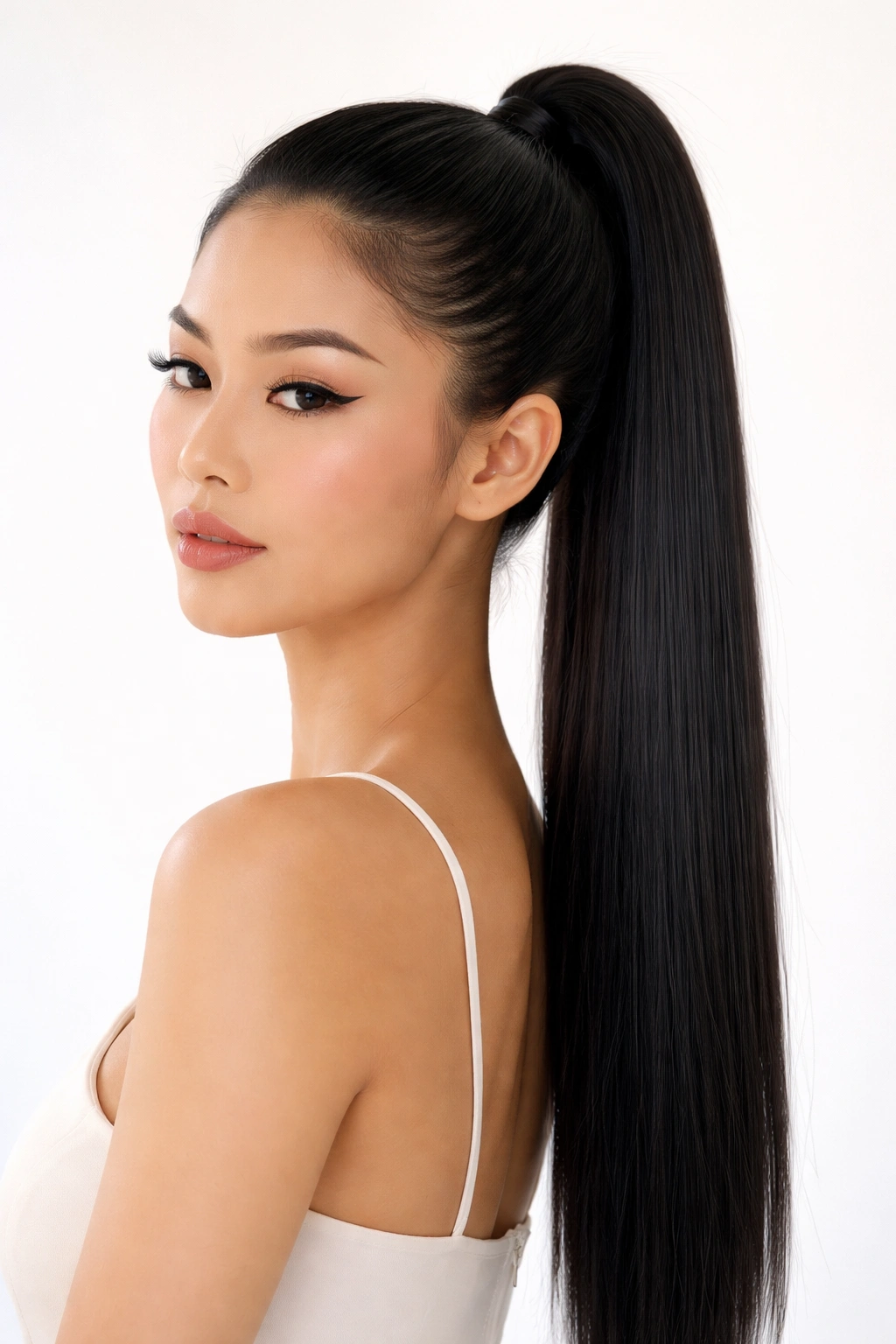 Sleek straight ponytail with glossy, smooth hair pulled tight