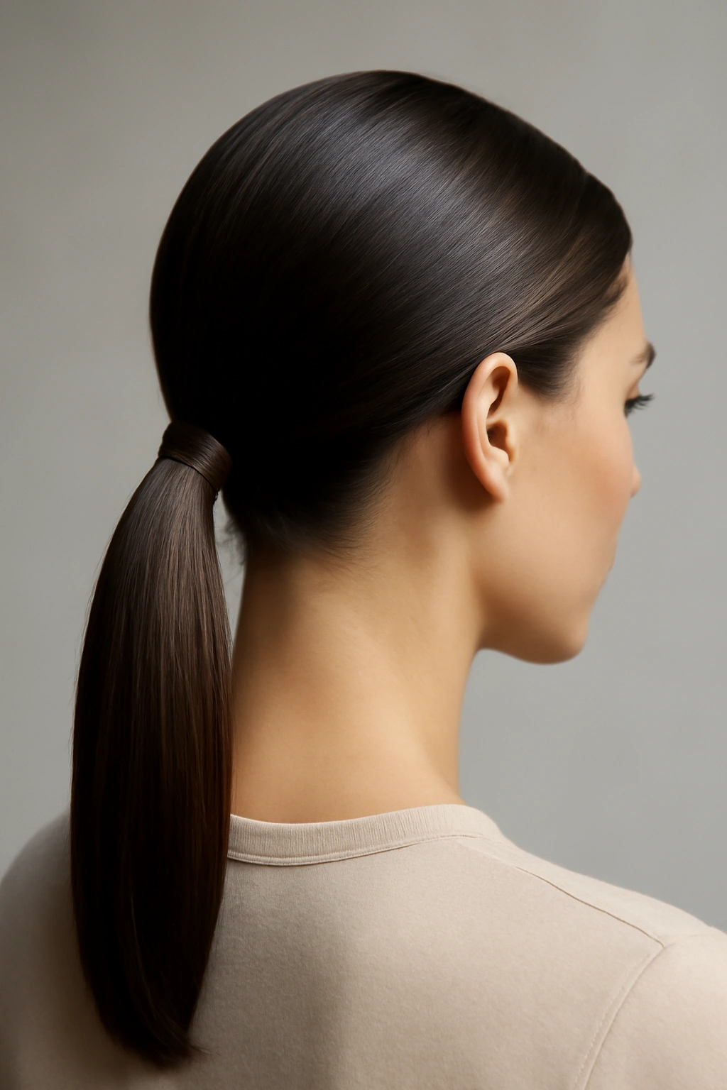 Sleek low ponytail at the nape with a glossy finish.