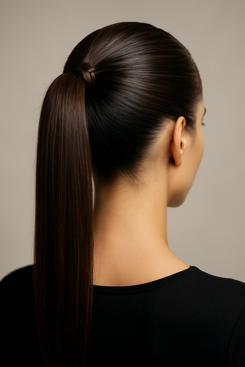 Back view of sleek high ponytail with glossy smooth hair
