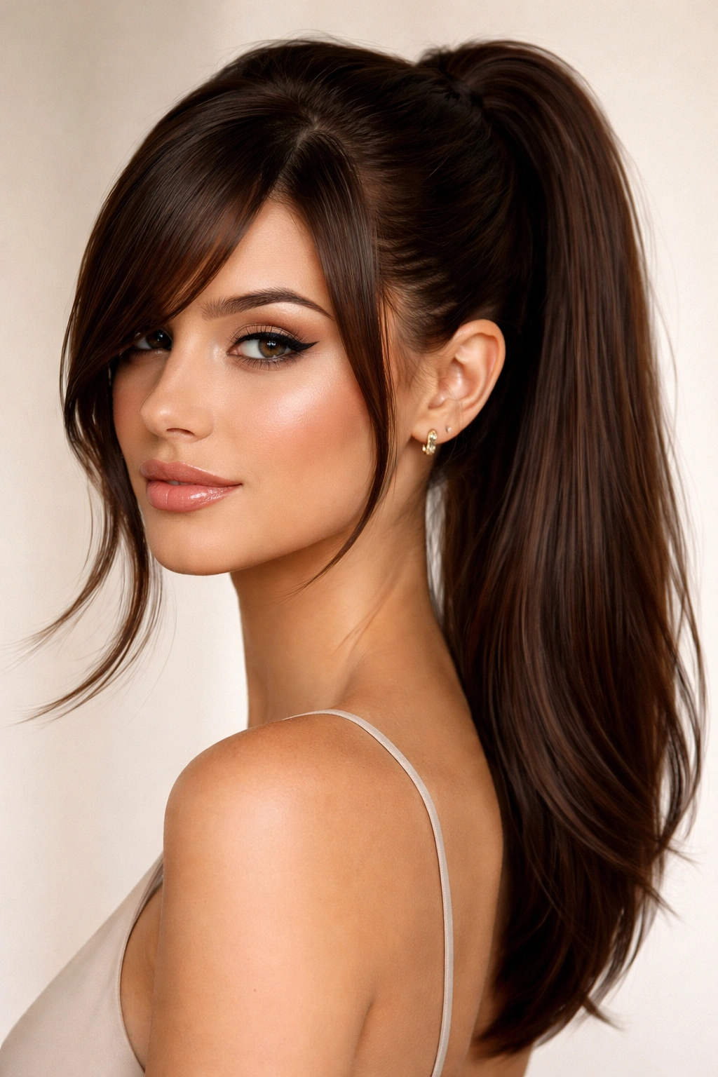 Model with sleek ponytail and long side bangs in a clean studio