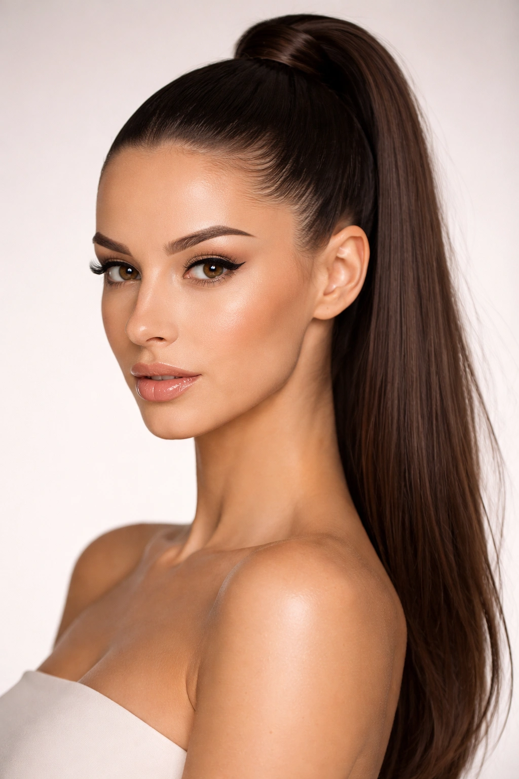 Close-up of a sleek high ponytail with smooth sides highlighting cheekbones