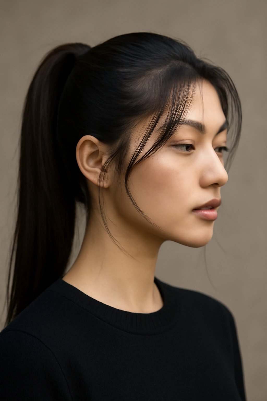Sleek high ponytail with wispy face-framing pieces framing the face