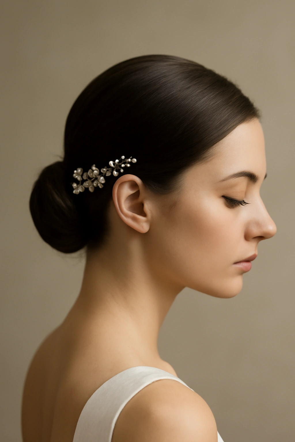 Sleek pulled-back hairstyle with delicate hair accessory