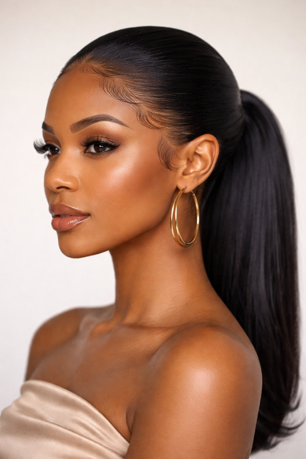 Sleek straight hair pushed back with curved edges framing the face