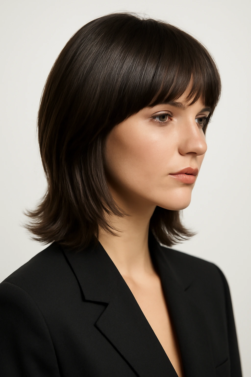 Portrait of a person with a sleek, glossy shag cut