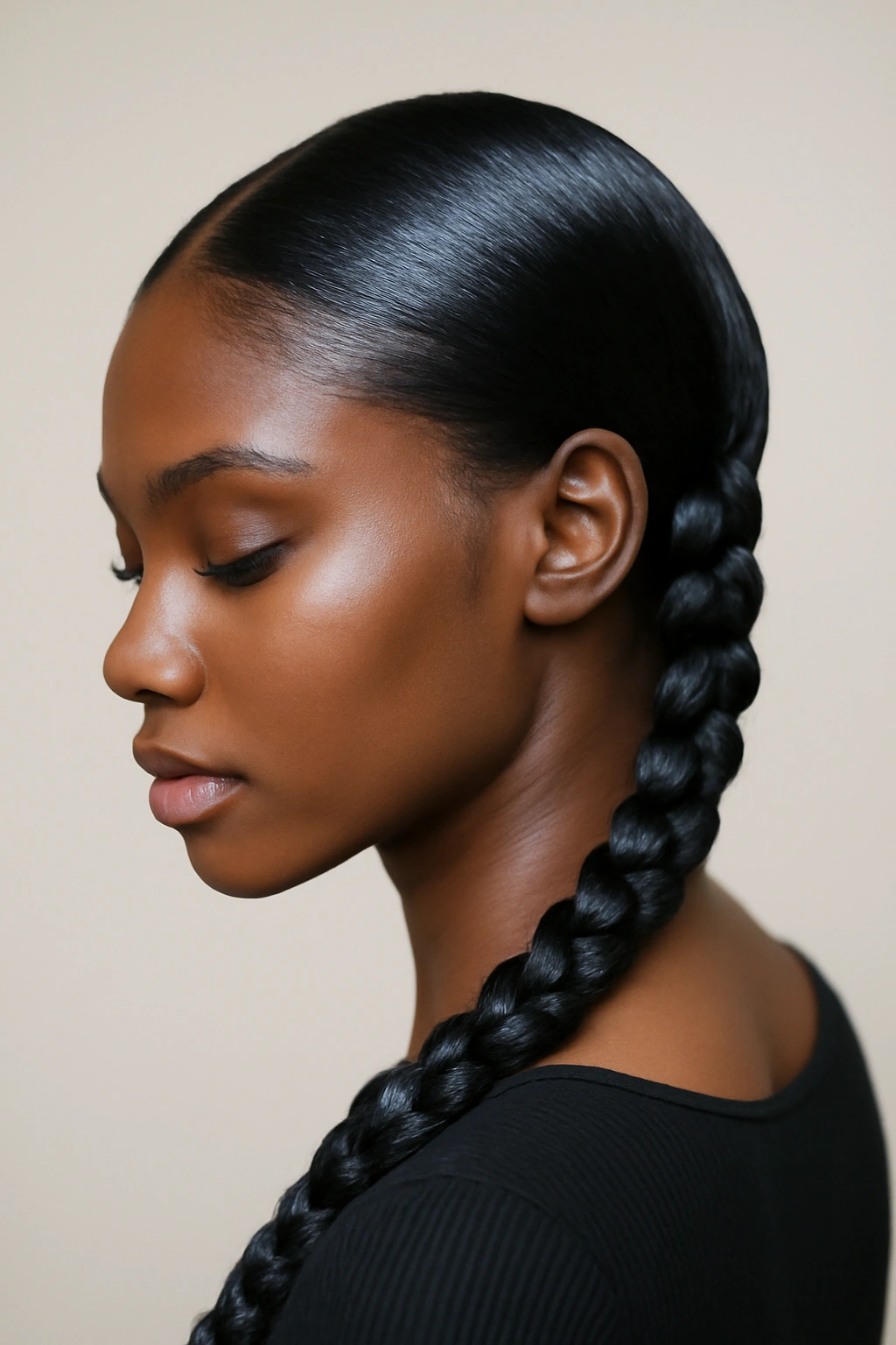 Close-up of sleek, glossy pigtail braids with a clean part