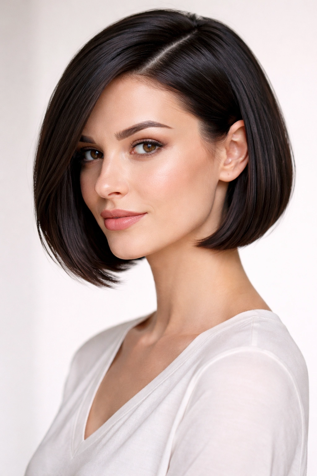 Portrait of a person with a sleek short bob and a defined side part
