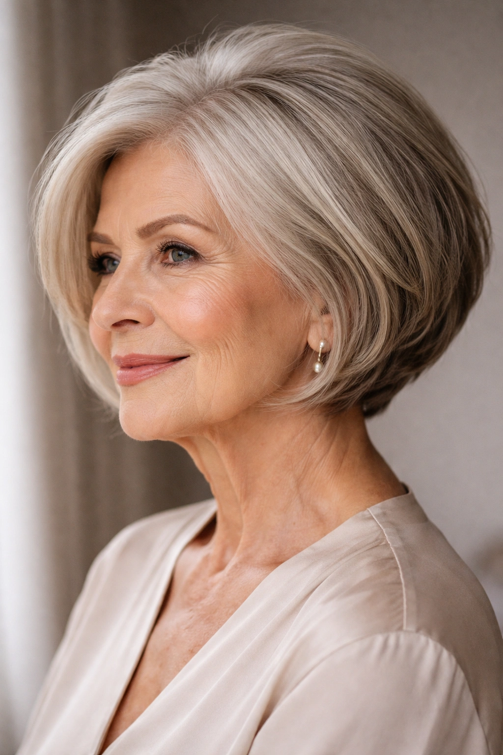 Close-up portrait of a woman with a sleek short bob and crown volume.