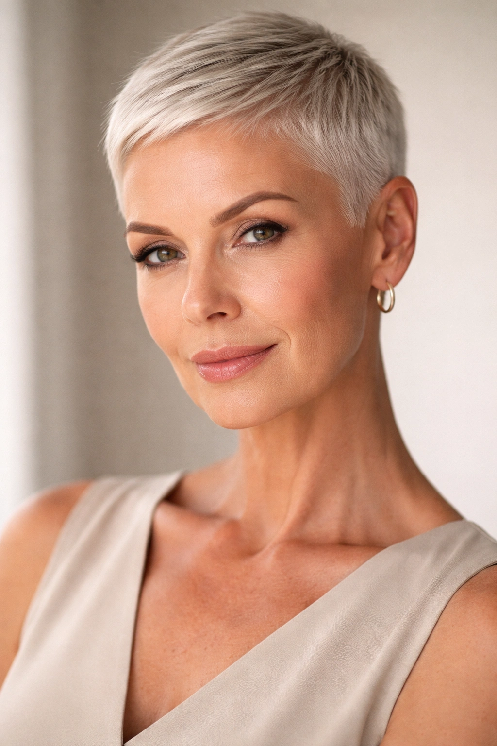 Close-up of a mature woman with a sleek ultra-short crop highlighting crisp lines
