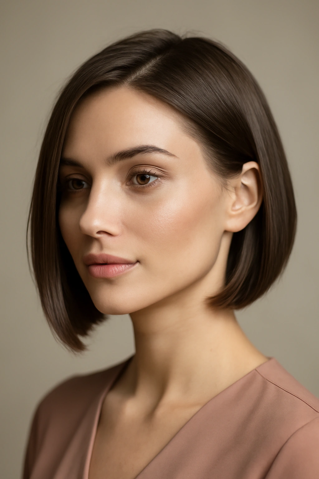 Sleek short hair with face-framing pieces and deep side part.