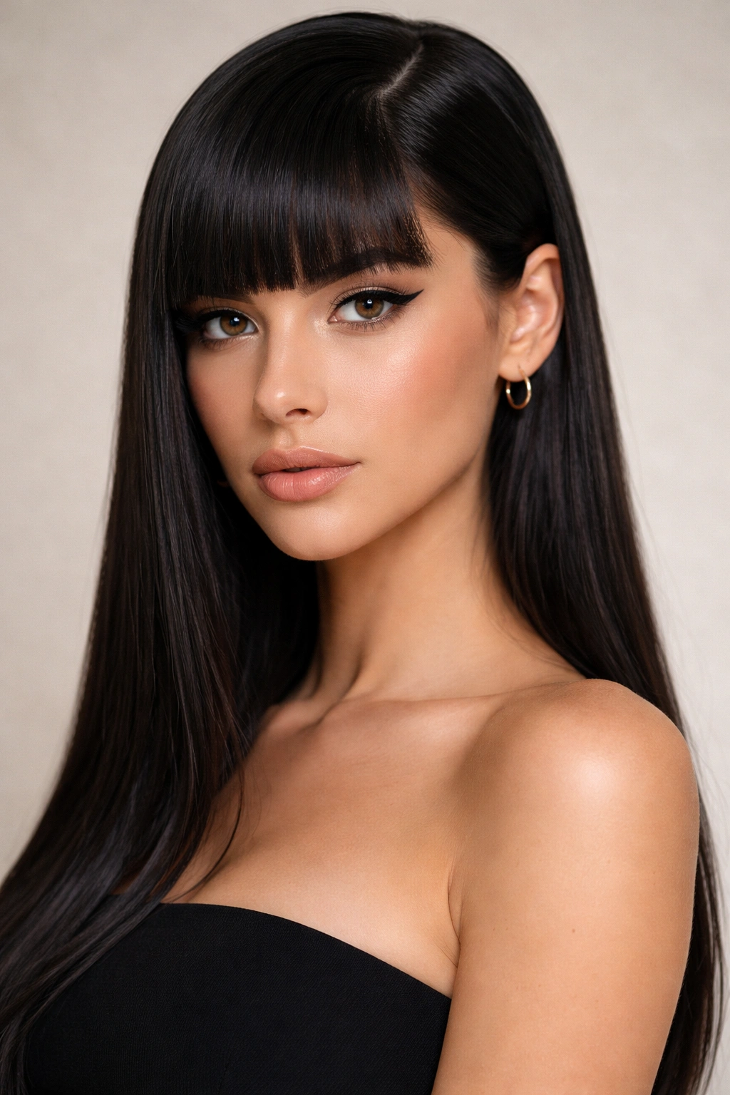Sleek straight hair with side part and blunt bangs framing the eyes