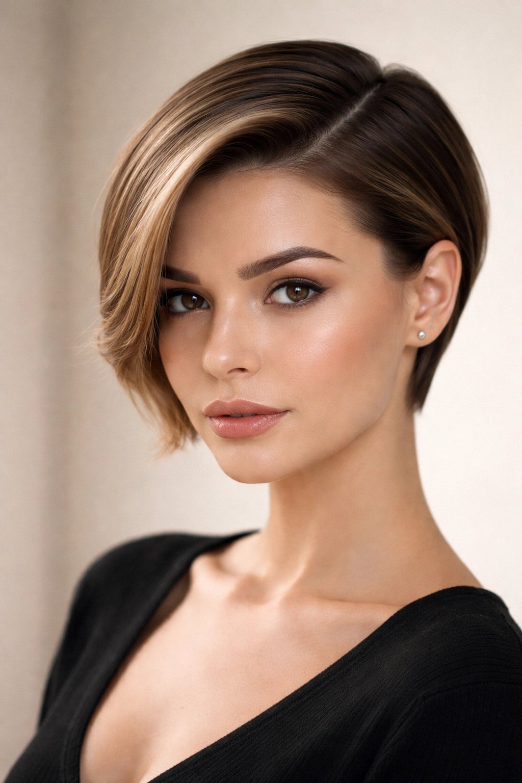 Three-quarter view of a short sleek side-part hairstyle with a defined part