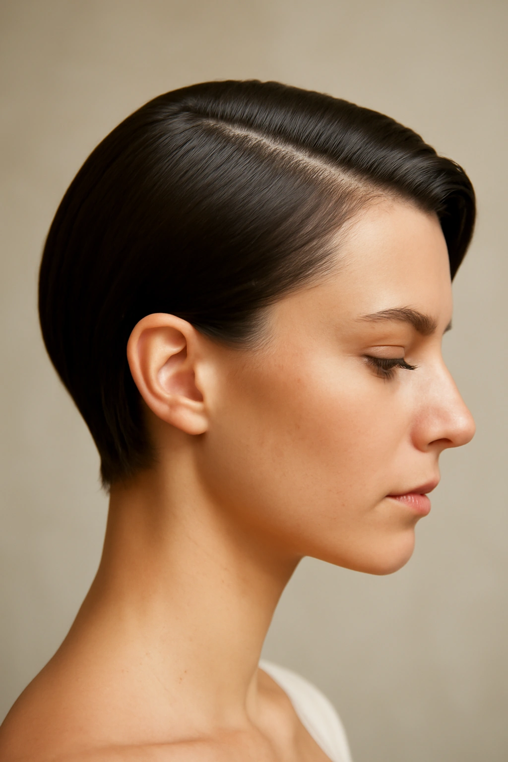 Side-profile of sleek hair with a deep tuck behind the ear
