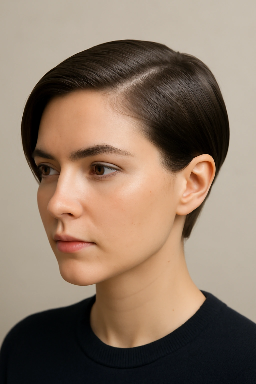 Close-up of a short-haired person with a sleek side part tucked behind the ear.
