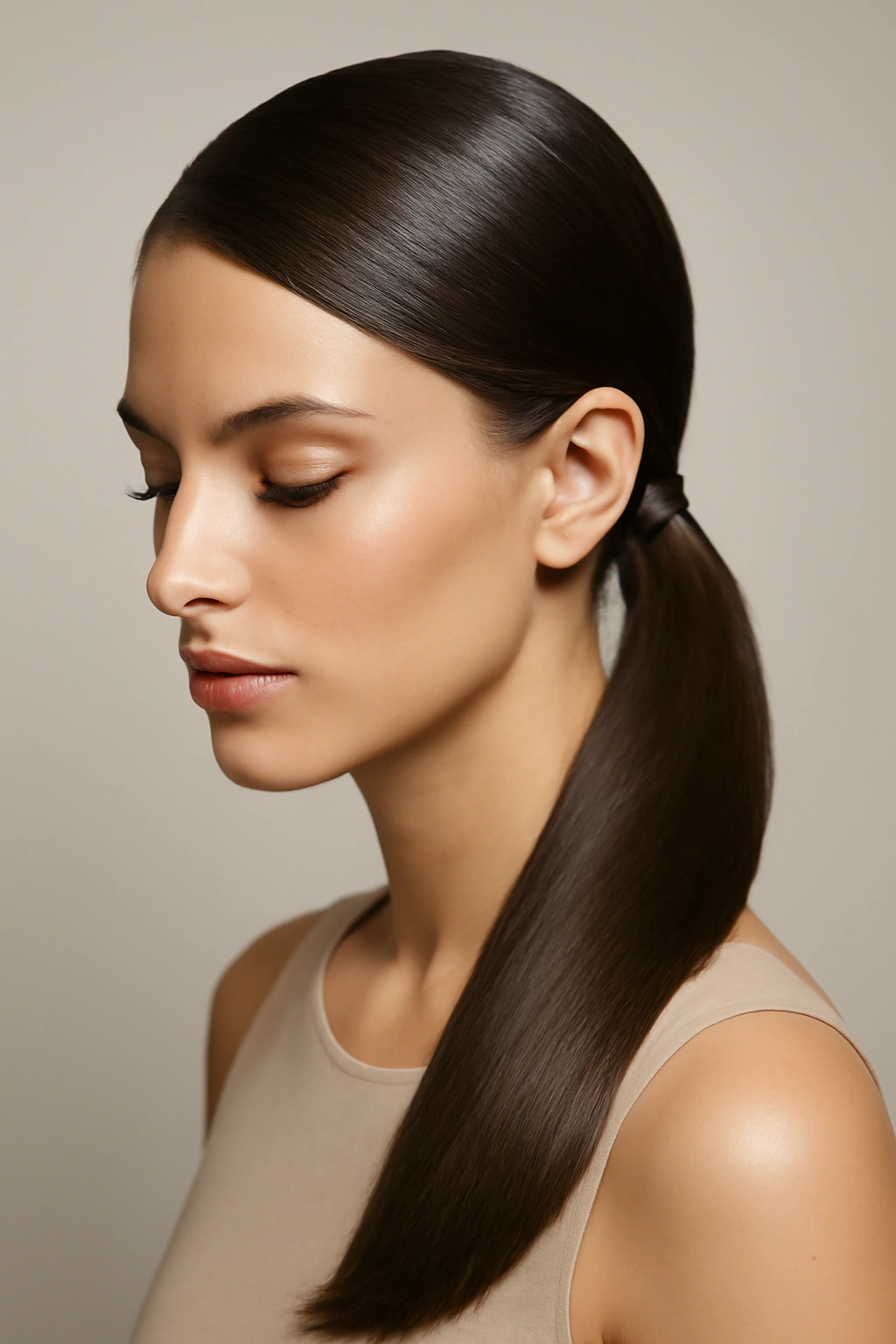 Close-up of a sleek side ponytail with glossy hair in a neutral studio setting