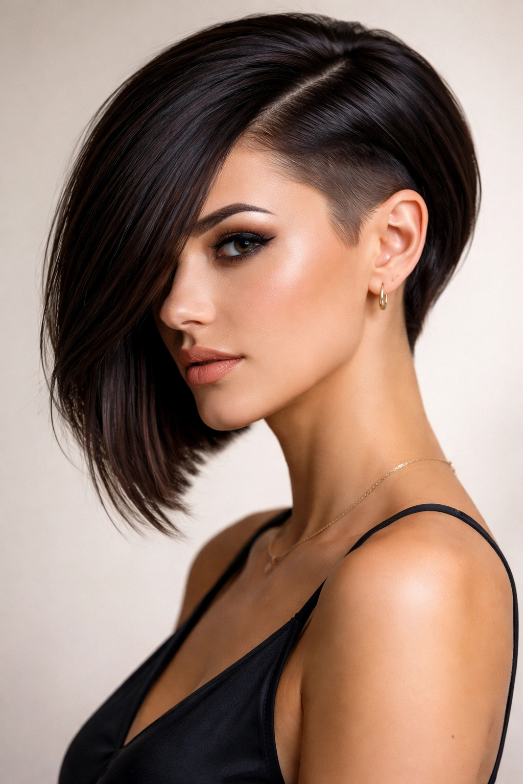 Sleek side-swept bob with asymmetrical fade and dramatic silhouette.