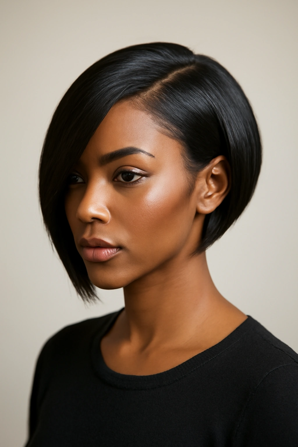 Portrait of a person wearing a sleek side swept bob with an asymmetric silhouette