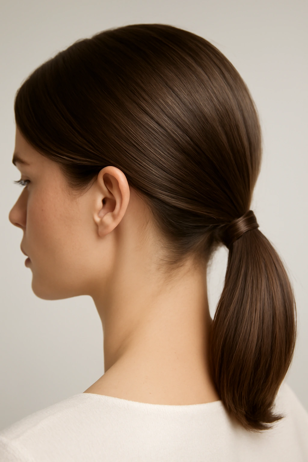 Sleek side-swept ponytail on bob with tucked ends