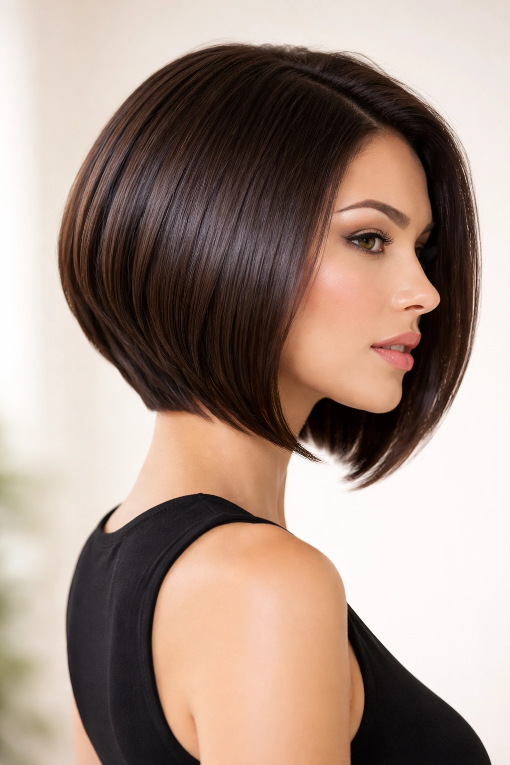 Portrait of sleek stacked bob with straight, precise layers