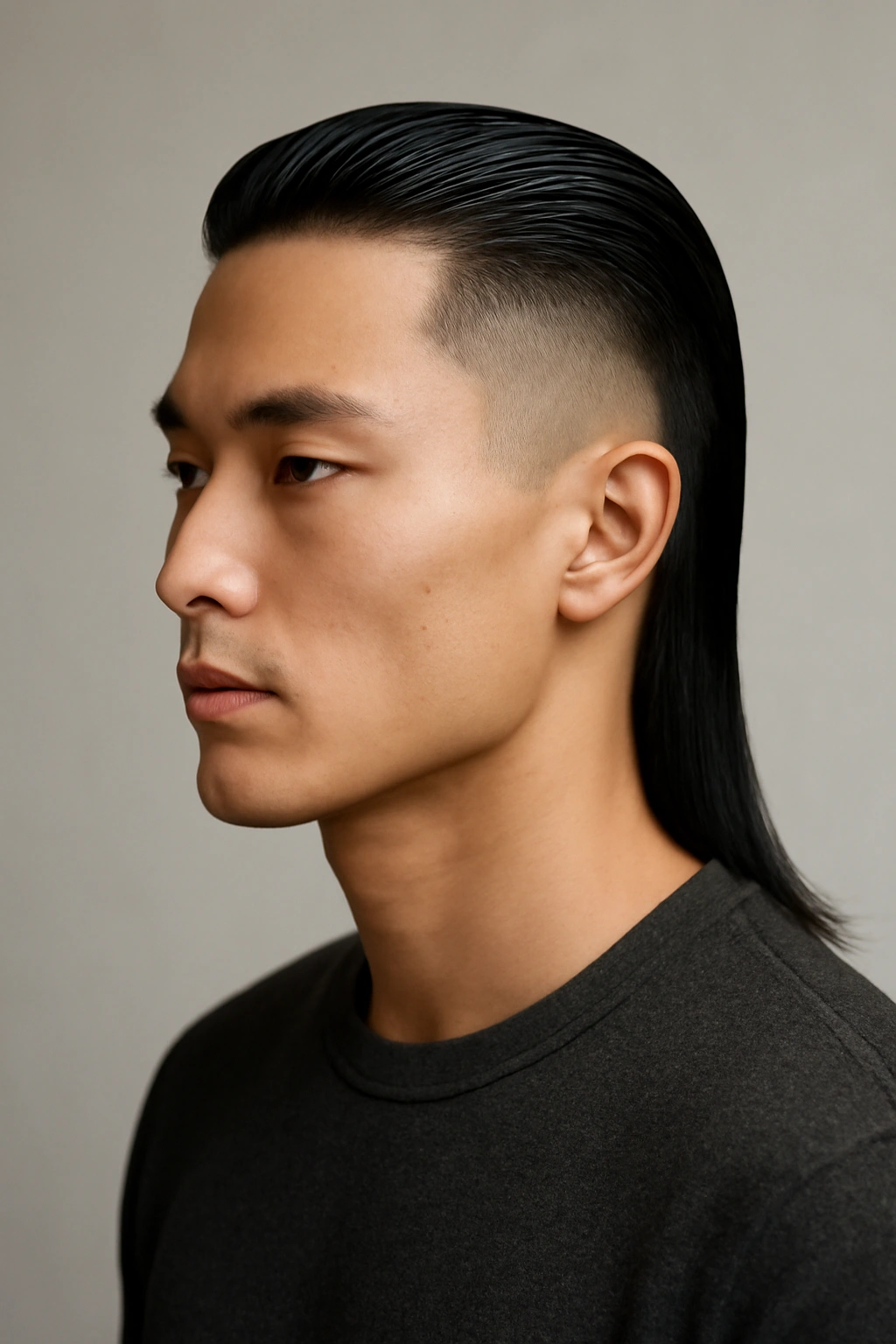 Portrait of person with sleek straight-back mullet showing sharp lines