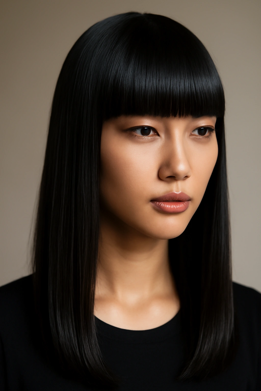Sleek straight hair with bold blunt bangs and high shine.