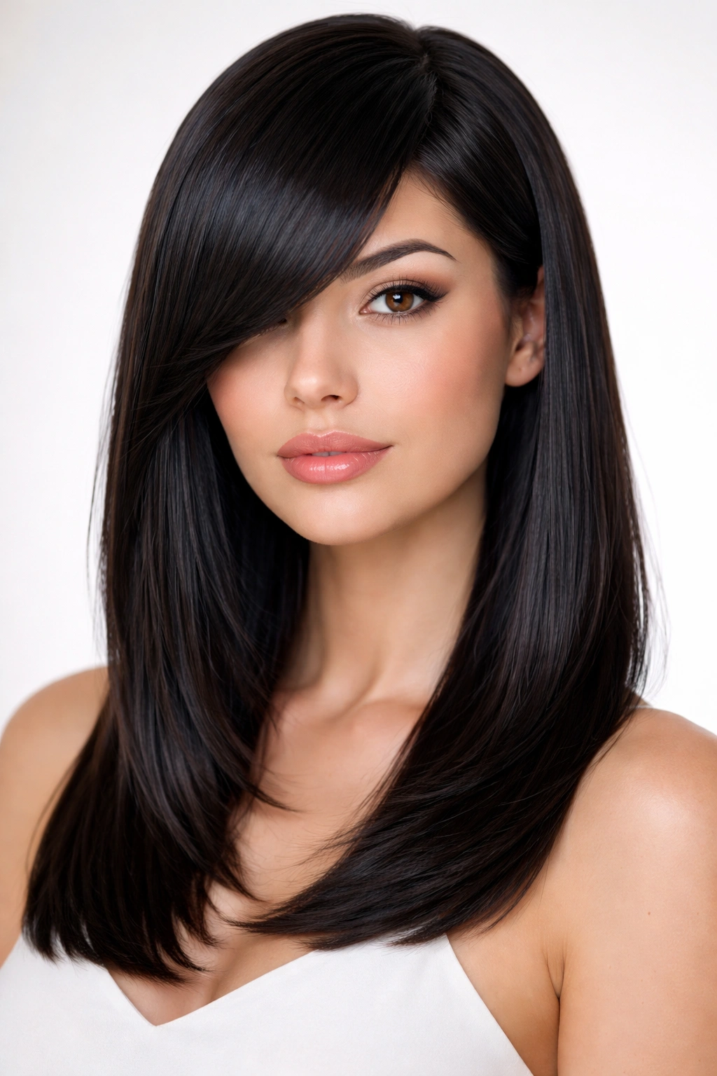 Close-up of sleek straight hair with blunt side bangs and glossy finish