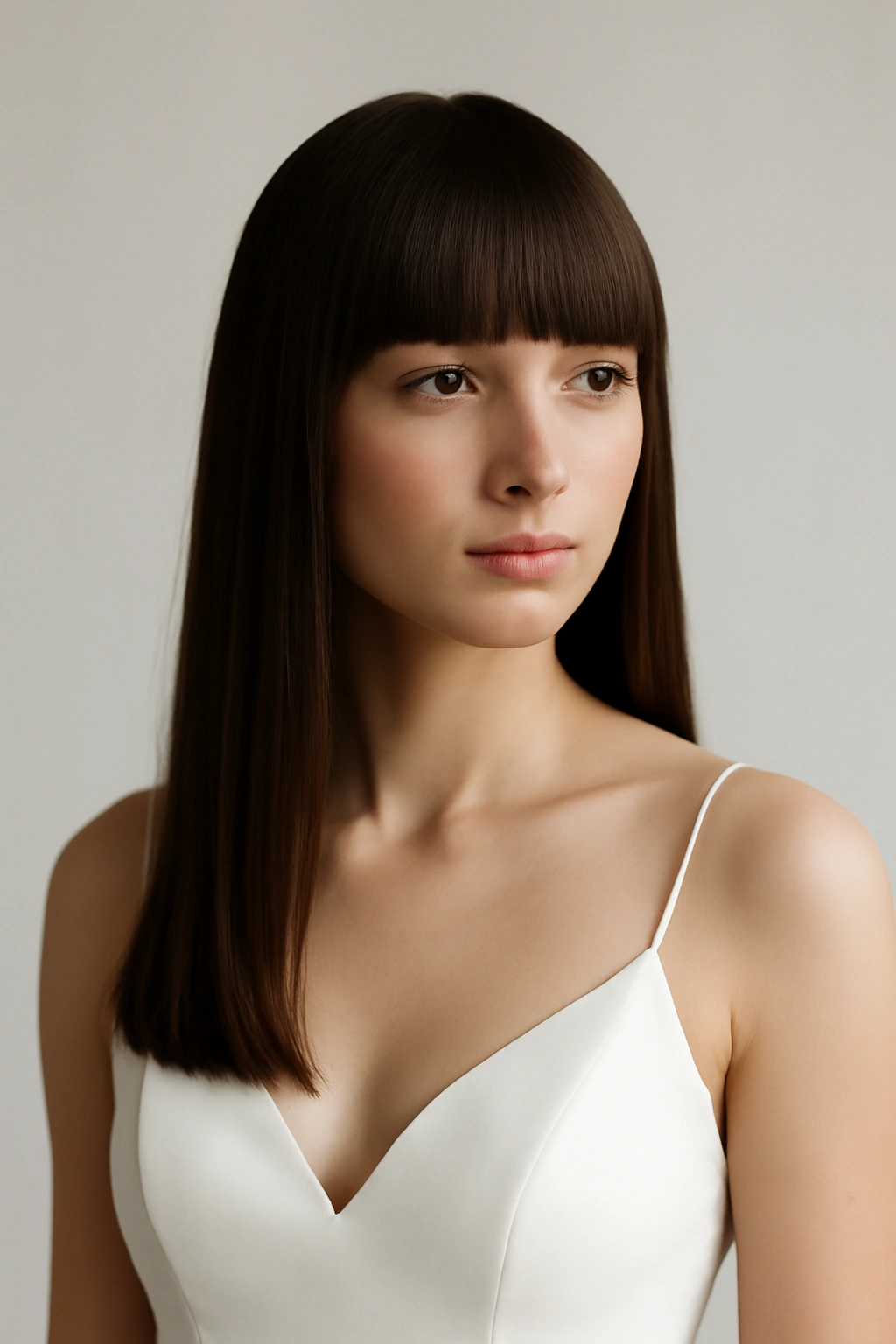 Bride with sleek straight hair and blunt bangs