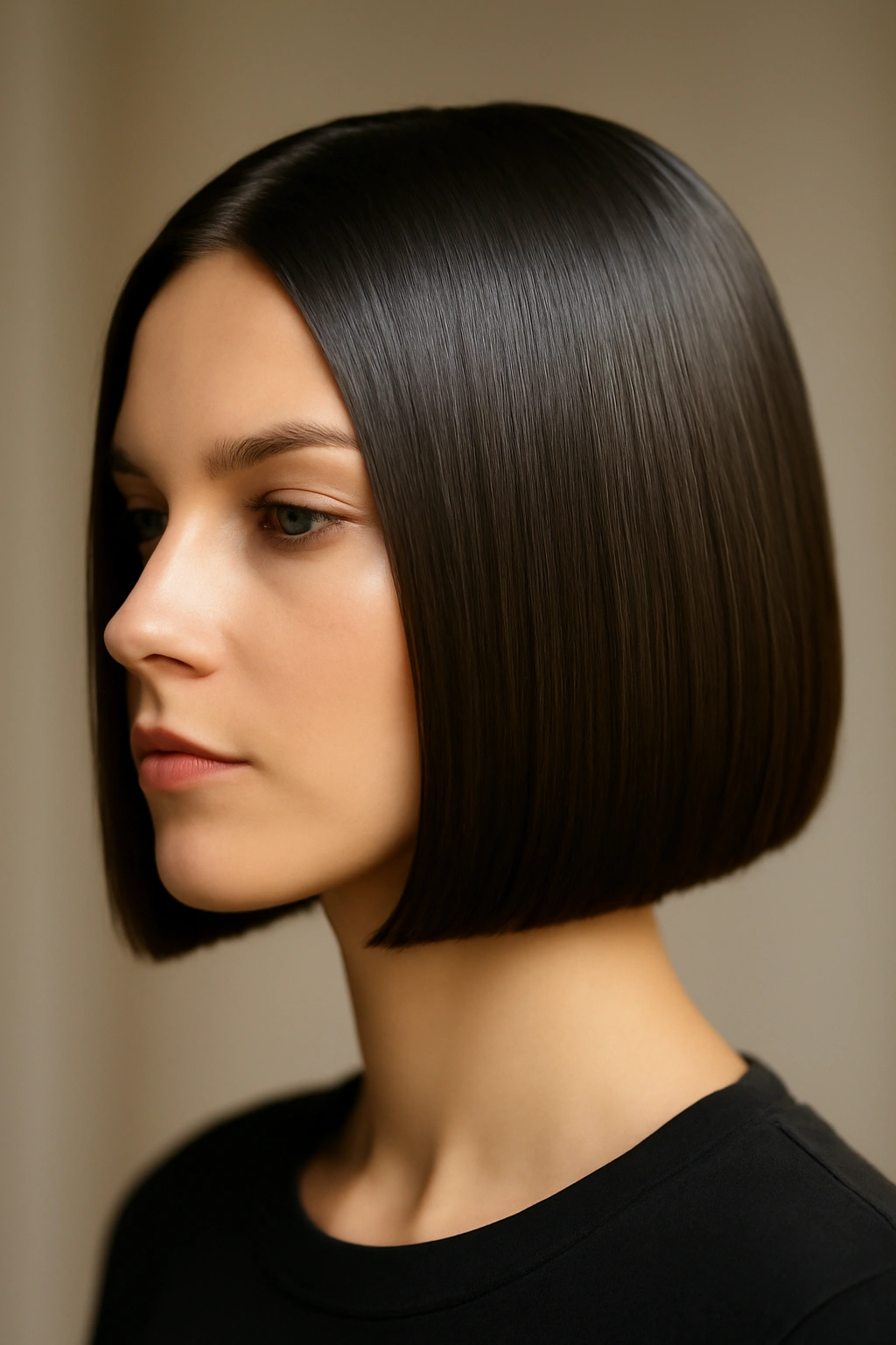 Close-up of chin-length sleek straight bob with glossy finish under studio lighting