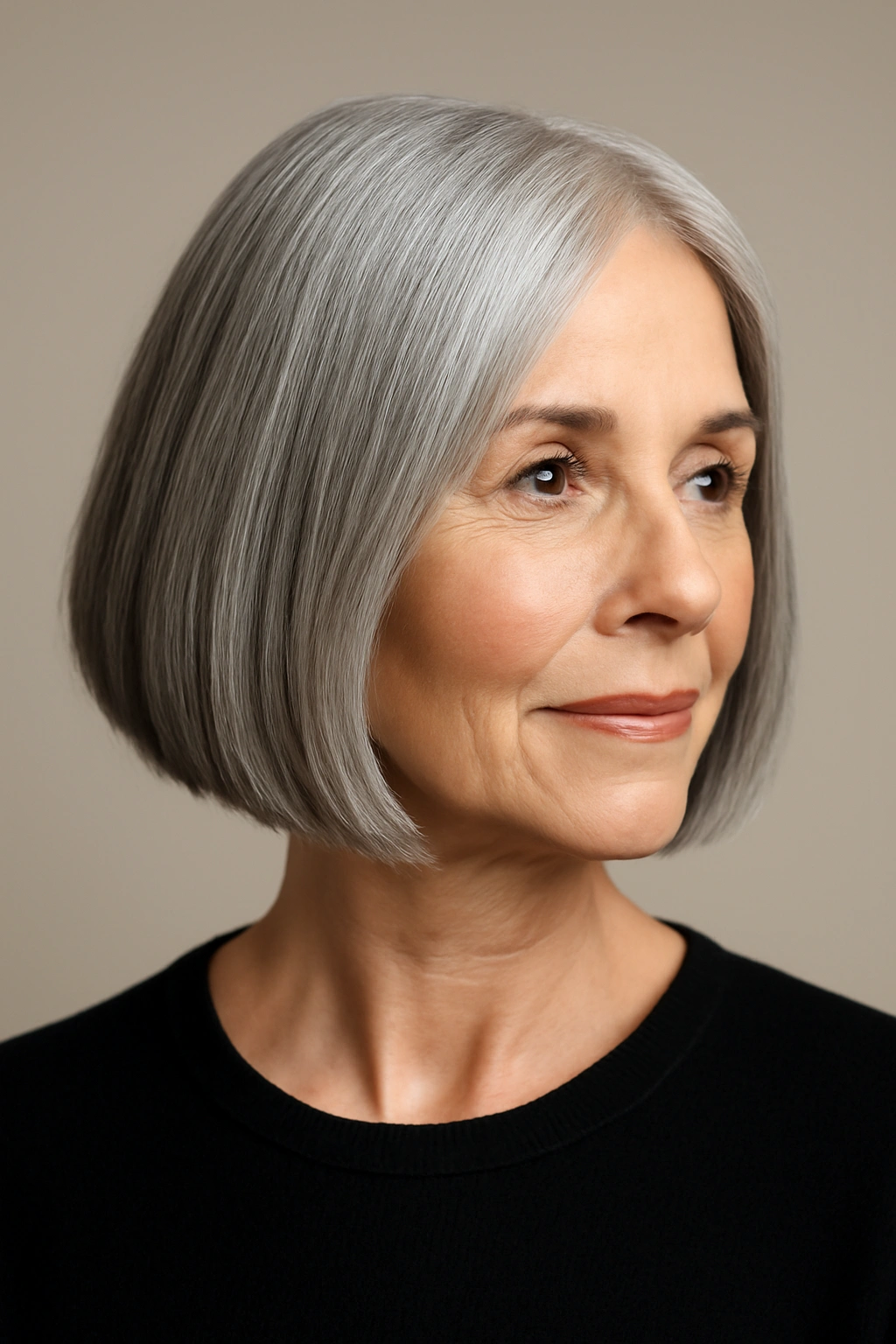 Mature woman with chin-length sleek straight bob and glossy finish