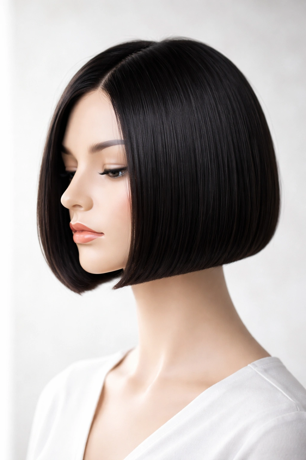 Sleek straight bob at chin length with glossy finish on mannequin