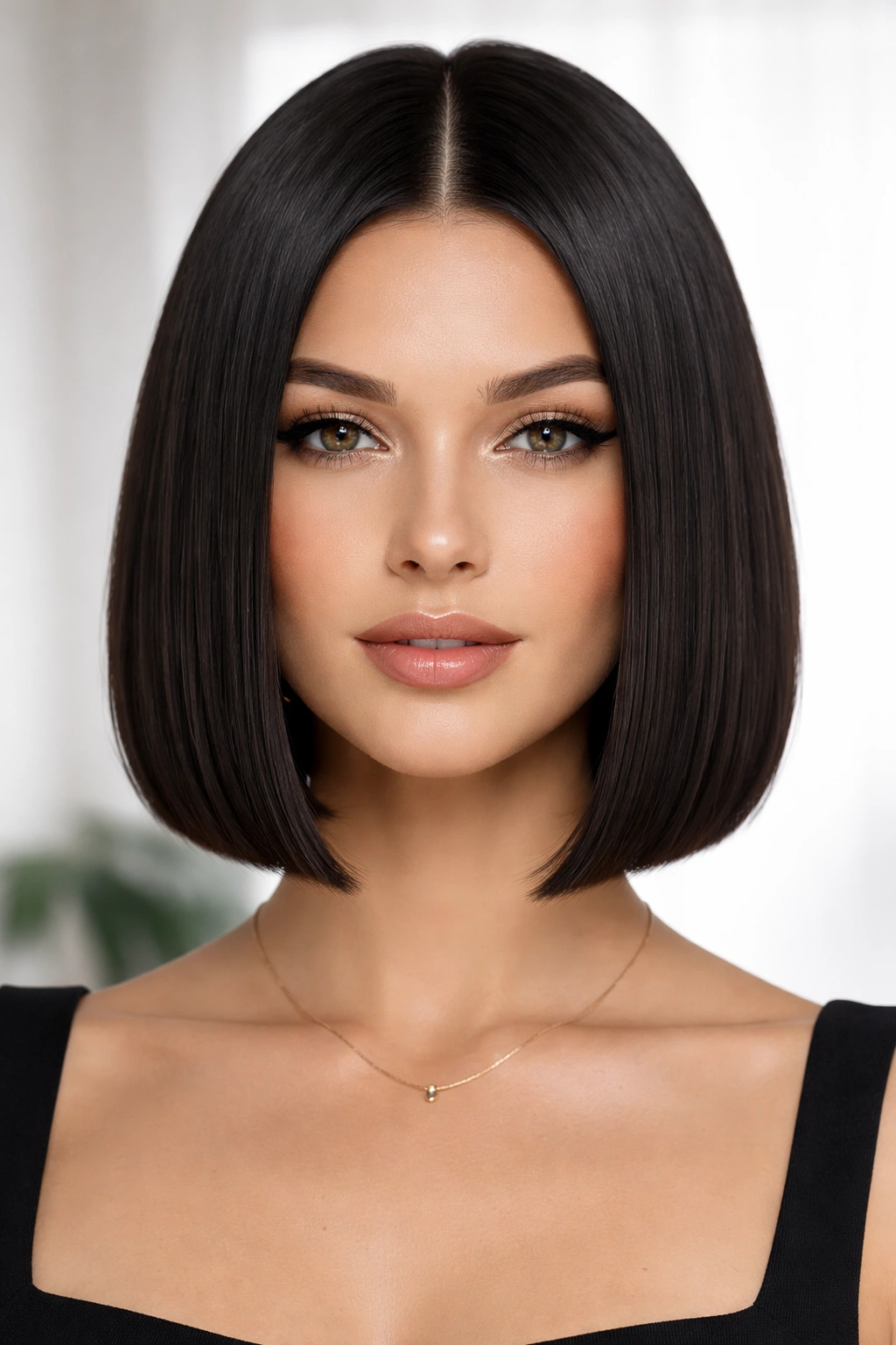 Person with a sleek glossy straight bob and pristine line