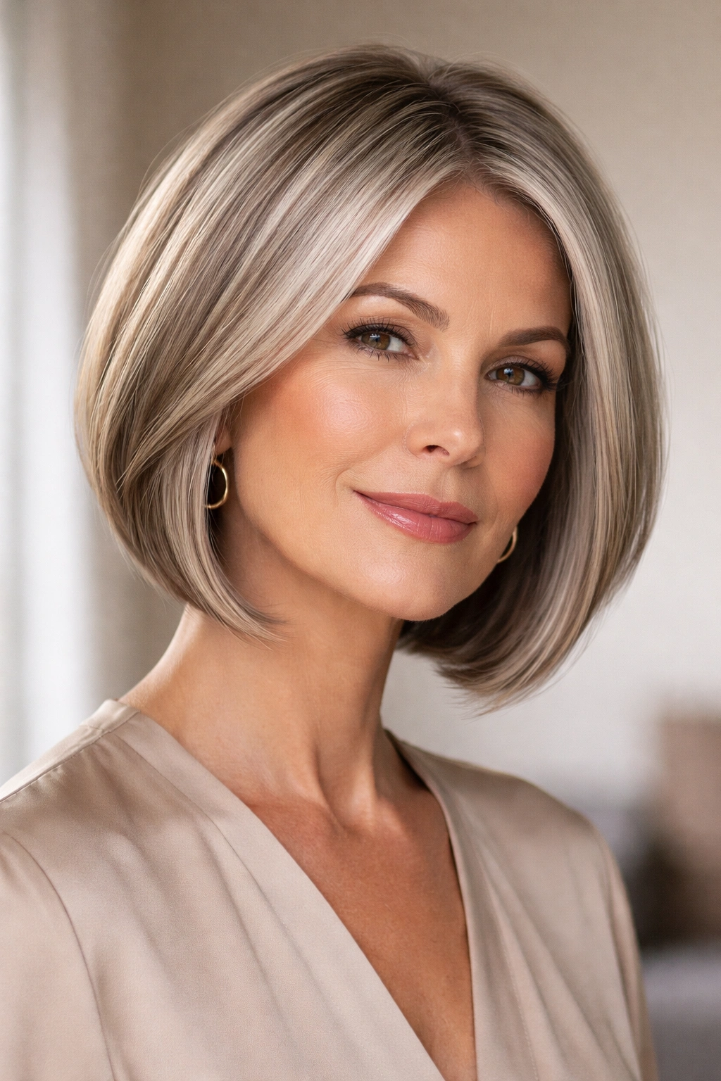 Sleek chin-length bob with angled layers underneath for movement