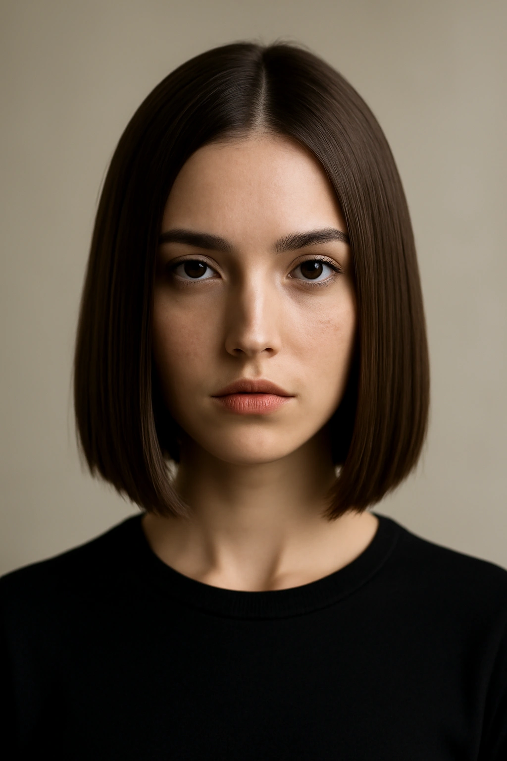 Blunt shoulder-length bob with straight, sleek finish.