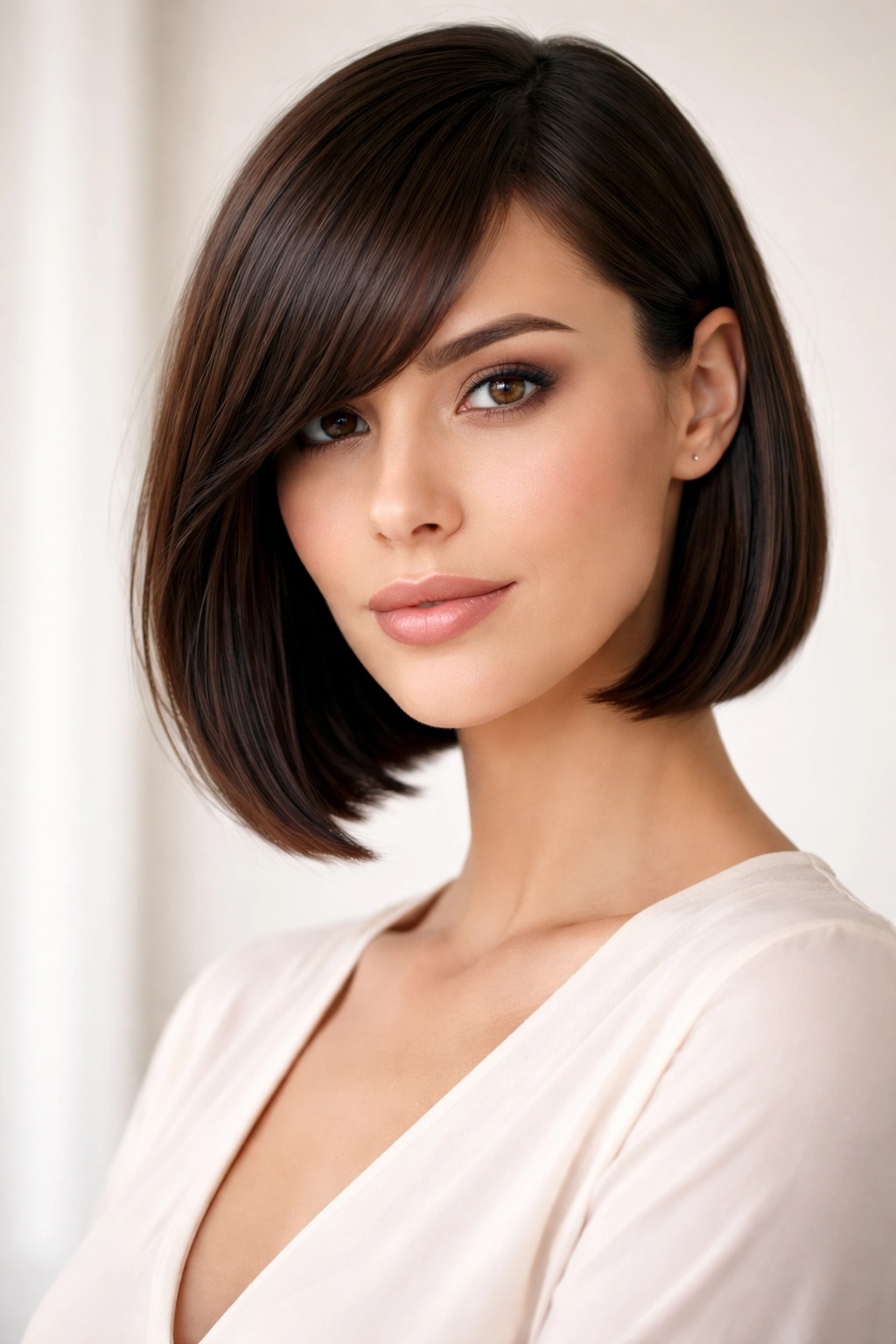 Sleek straight bob with side swept bangs for oblong face in studio portrait