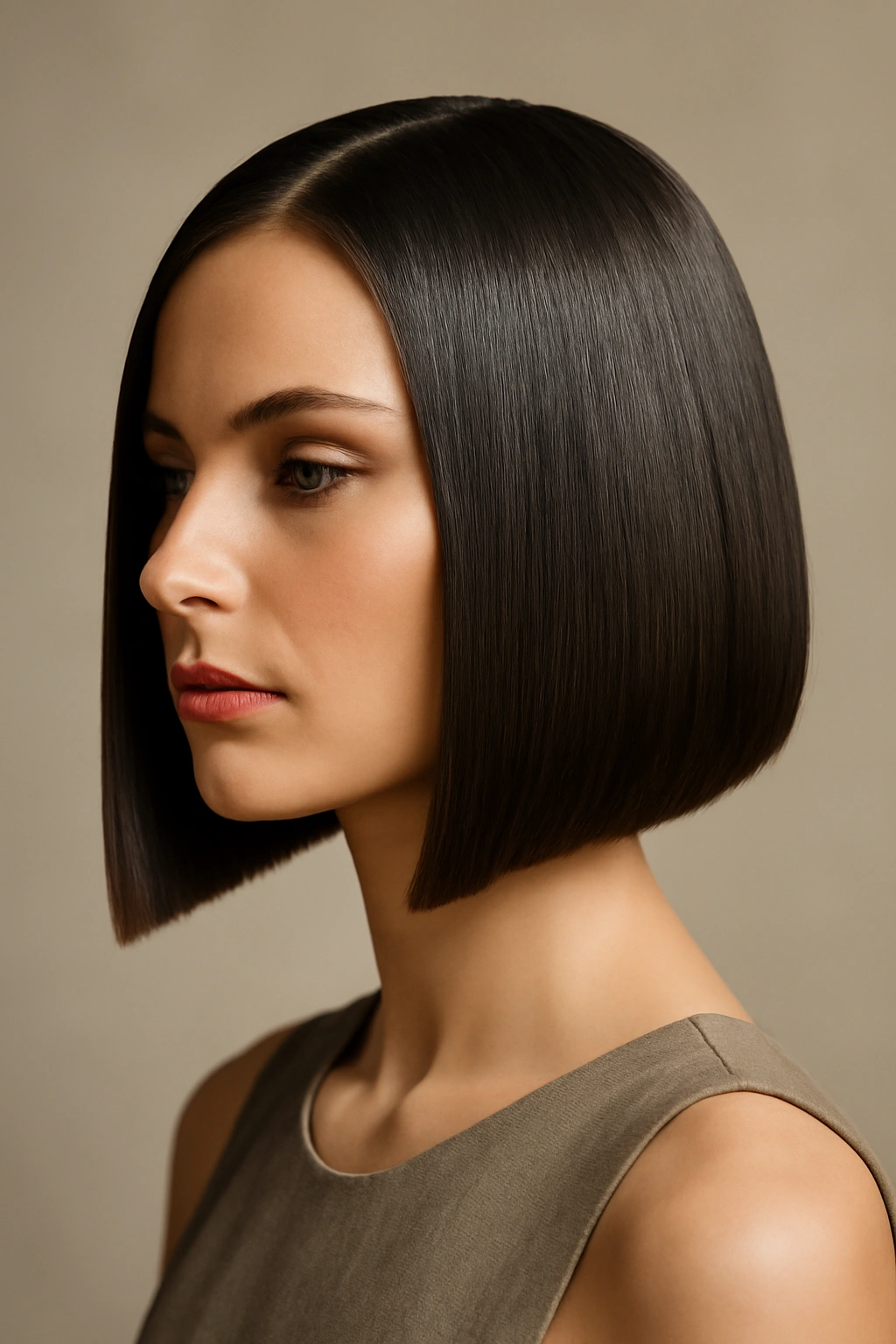 Sleek straight hair with geometric edge and defined lines.