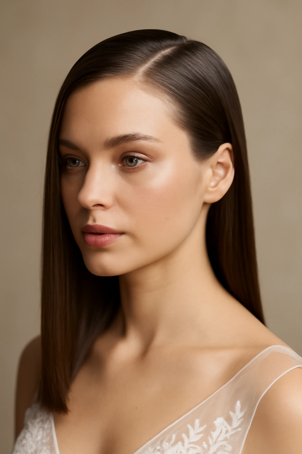 Sleek straight hair with deep side part on fine hair