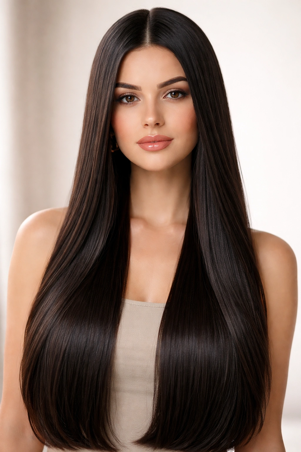 Close-up portrait of a model with sleek, long straight hair, center part and glossy finish